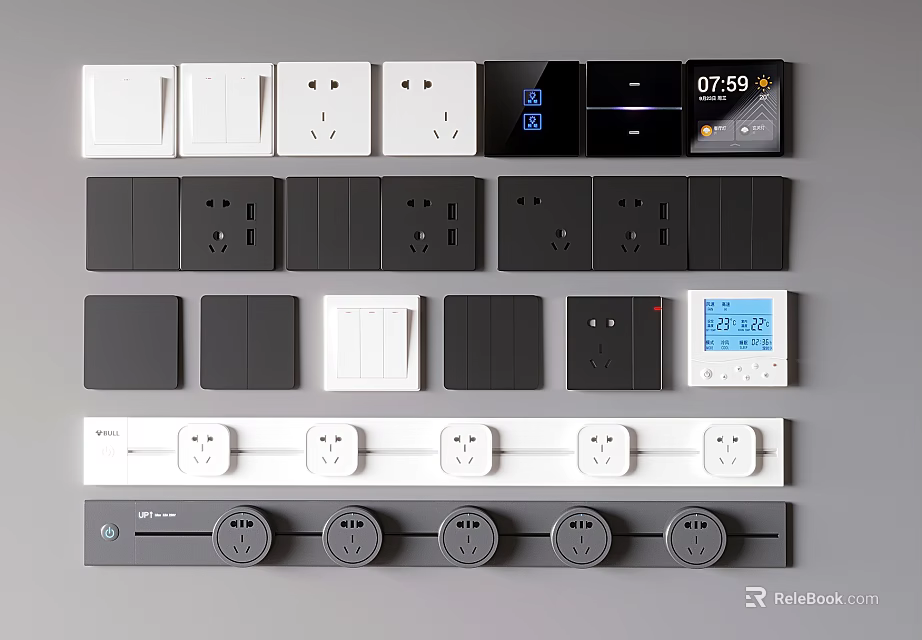 Modern Switch Panels With White Black Gray Styles Time Temperature Display And Socket Outlets 3d model 