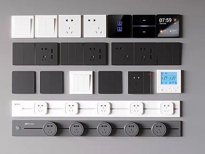 Modern Switch Panels With White Black Gray Styles Time Temperature Display And Socket Outlets 3d model