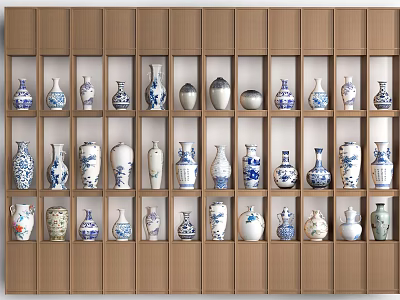 Wooden Display Shelves With Multiple Compartments Showing Blue And White And Silver Vases 3d model