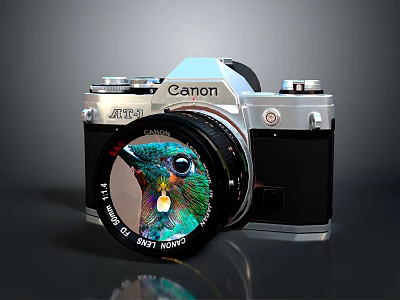 Vintage Canon Electronic Camera With Silver Black Body And Colorful Bird Reflection On Lens 3d model