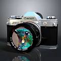 Vintage Canon Electronic Camera With Silver Black Body And Colorful Bird Reflection On Lens