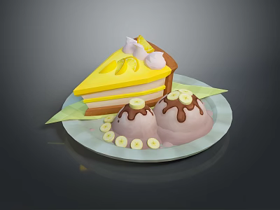 Adorable Animal Shaped Desserts With Yellow Cake Banana Slices And Chocolate Sauce On Plate 3d model