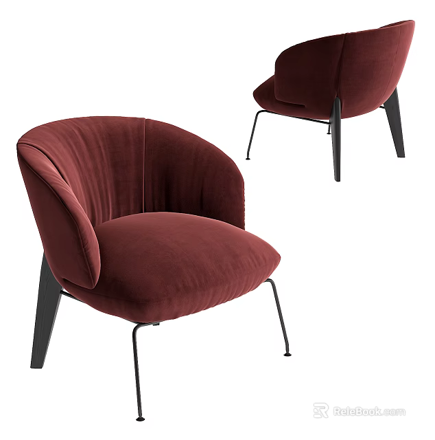 Burgundy Velvet Accent Chair With Curved Armrests And Modern Metal Legs Design 3d model 