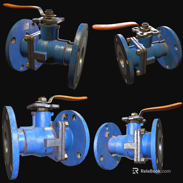 Heavy Duty Industrial Blue Ball Valves With Flange Connections And Orange Handles 3d model 