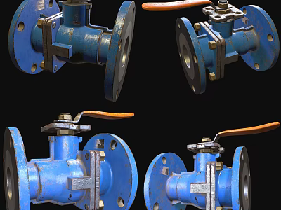 Heavy Duty Industrial Blue Ball Valves With Flange Connections And Orange Handles 3d model