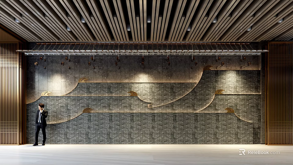 Modern Decorative Stone Background Wall With Wavy Design Gold Accents And Wooden Strip Ceiling 3d model 