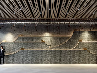 Modern Decorative Stone Background Wall With Wavy Design Gold Accents And Wooden Strip Ceiling 3d model