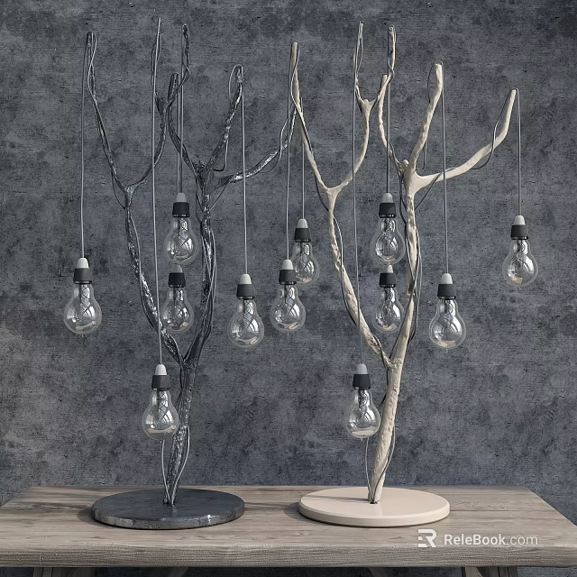 Branch Shaped Table Lamp With Multiple Hanging Light Bulbs On Wooden Tabletop 3d model
