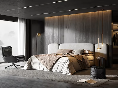 Modern Bedroom Interior Design With Wooden Wall King Bed And Accent Chair 3d model