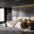 Modern Bedroom Interior Design With Wooden Wall King Bed And Accent Chair