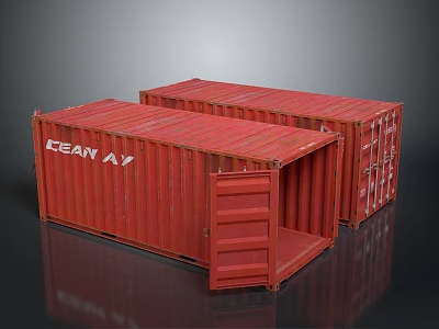 Two Red Shipping Containers With One Open Door And OCEAN AV Label 3d model