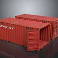 Two Red Shipping Containers With One Open Door And OCEAN AV Label