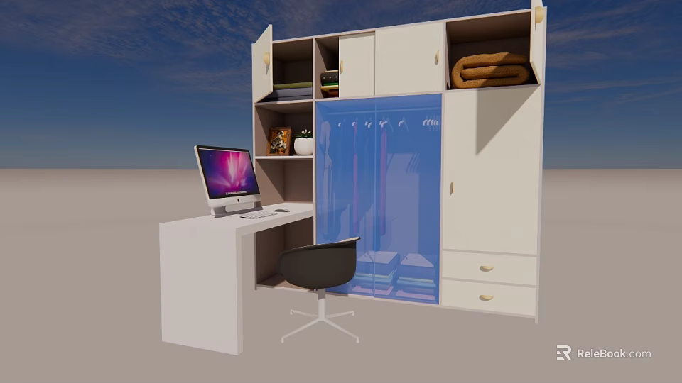 Modern Wardrobe with Storage Shelves and Desk Featuring Computer Setup 3d model