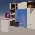 Modern Wardrobe with Storage Shelves and Desk Featuring Computer Setup 3d model