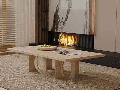 Modern Sofa Coffee Table Set With Fruit Tray Magazine Fireplace And Beige Rug 3d model