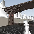 Traditional Chinese Entrance Gate With Architectural Eaves Geometric Pavement And Trees
