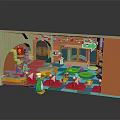 Cartoon Themed Kids Indoor Play Area With Colorful Lights Green Character And Tables