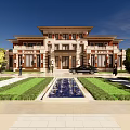 Classical Luxury Detached Villa Exterior Design With Front Fountain Lawn Driveway Trees and Black Car