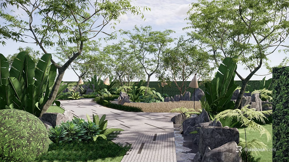 Sunlit Courtyard Garden with Lush Trees Green Plants Stone Path and Natural Rocks 3d model 