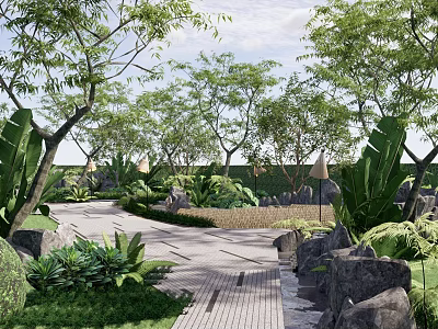 Sunlit Courtyard Garden with Lush Trees Green Plants Stone Path and Natural Rocks 3d model