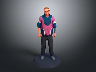 Man in light blue purple hoodie with pink sleeves dark pants standing on dark base 3d model