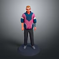 Man in light blue purple hoodie with pink sleeves dark pants standing on dark base
