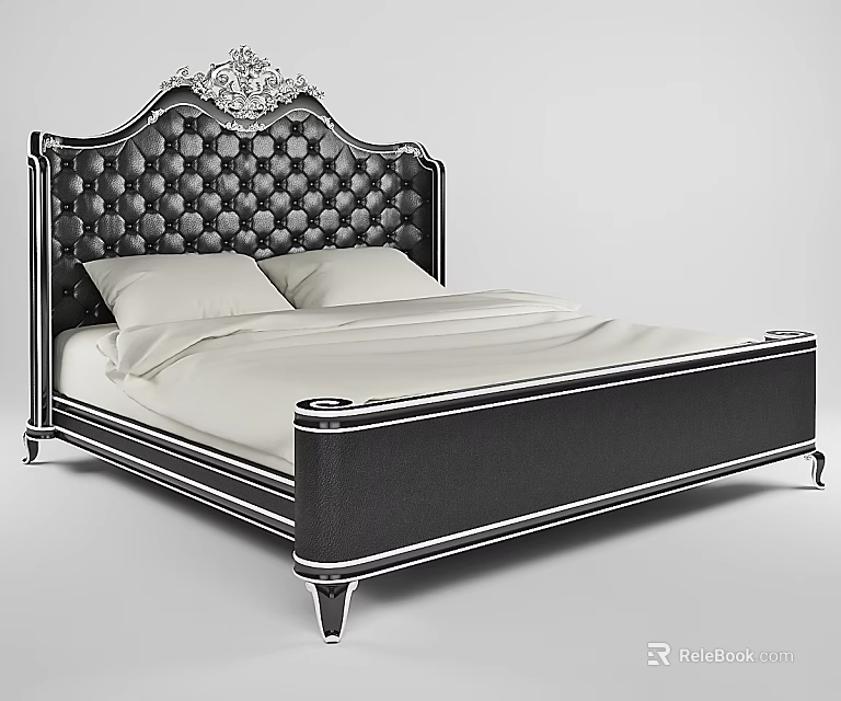Elegant Black Leather Double Bed With Carved Headboard Tufted Diamond Pattern And Silver Trim 3d model 