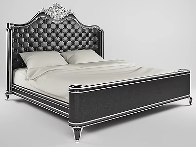 Elegant Black Leather Double Bed With Carved Headboard Tufted Diamond Pattern And Silver Trim 3d model