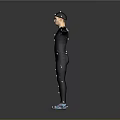 Man in black tight suit with hat stretching arms wearing blue shoes on gray background