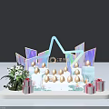 Colorful Display Stand With Eggs On Stepped Platform White Flowers Red Gifts And Geometric Decor