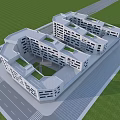 Modern White Multi Storey Office Building With Large Windows Green Lawn And Road
