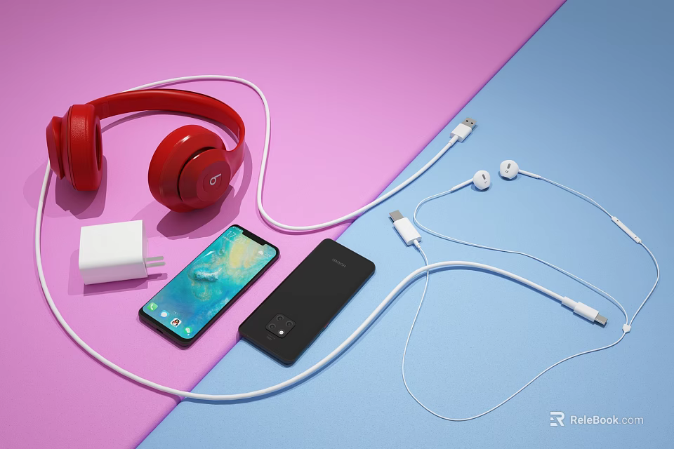 Smartphones With Red Over Ear Headphones White Earphones Charger And Data Cables On Colorful Background 3d model 