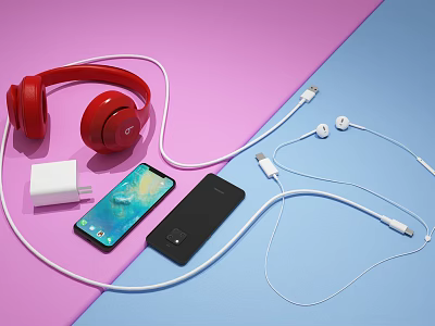 Smartphones With Red Over Ear Headphones White Earphones Charger And Data Cables On Colorful Background 3d model