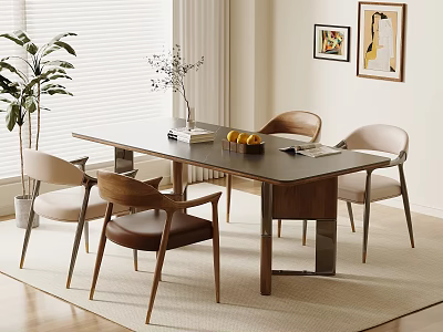 Modern Dining Table Set with Wooden Chairs Vase Flowers Fruit Bowl Near Window Plant 3d model