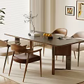 Modern Dining Table Set with Wooden Chairs Vase Flowers Fruit Bowl Near Window Plant
