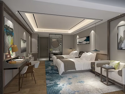 Hotel Guest Room Interior With Comfortable Bed Nightstand Decorative Paintings And Modern Lighting 3d model