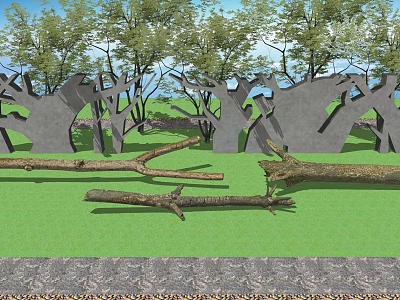 Natural Stone Walls and Wooden Branches in Green Grass With Surrounding Trees 3d model