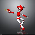 3D Rendered Robot Character With Red Hair Rabbit Ears Holding Red Object And Dynamic Pose