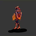 Blue Skinned Game Movie Character With Red Armor And Flaming Elements On Base