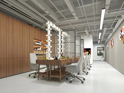 Modern Interior With Wooden Walls Dining Table White Chairs Mirrored Wall Lights And Decorative Paintings 3d model