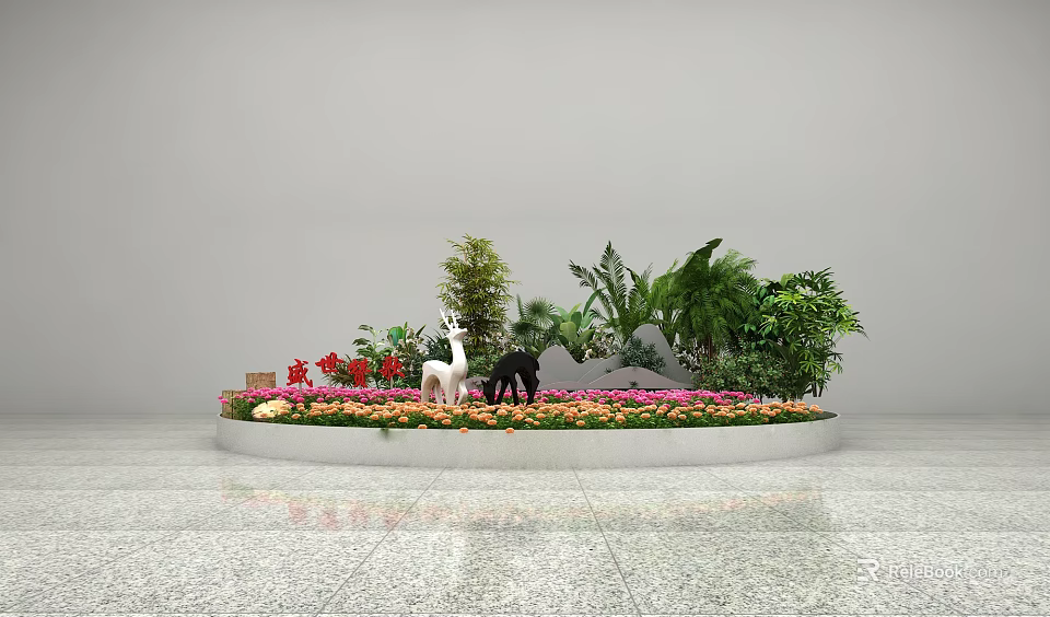 Roadside Landscape Facilities With Circular Flower Bed Various Plants Flowers And Animal Statues 3d model 