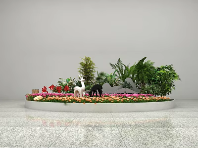 Roadside Landscape Facilities With Circular Flower Bed Various Plants Flowers And Animal Statues 3d model