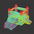 Colorful Inflatable Play Castle With Red Towers Yellow Slides And Blue Steps For Kids
