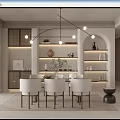 Modern Restaurant Interior With Open Layout Dining Table Chairs Pendant Lights And Decorative Shelves