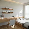 Tatami Bedroom Interior With Minimalist Design Built in Wardrobes Desk Wooden Flooring And White Blinds