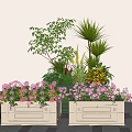 Outdoor Beige Flower Planters With Pink Flowers And Green Plants On Patio