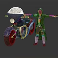 Hooded Action Figure With Arms Outstretched Next To Blue Motorcycle Red Wheels White Front