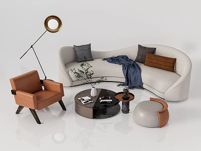 Elegant Curved Sofa and Coffee Table Set with Throw Pillows Blanket Armchair Floor Lamp Decor 3d model