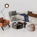 Elegant Curved Sofa and Coffee Table Set with Throw Pillows Blanket Armchair Floor Lamp Decor
