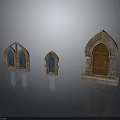 Gothic Architectural Components Arched Wooden Door And Glass Windows With Stone Frames